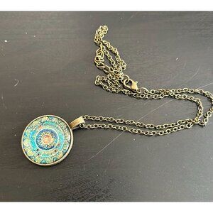 Kaleidoscope Pendant Chain Necklace Gold Tone Indian Mandala Om Hippy Buddhist